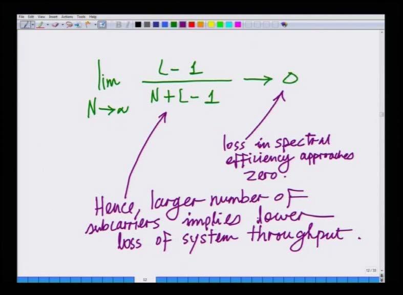 (Refer Slide Time: 35:33) So, we can see limit N tends to infinity L minus 1 divided by N plus L minus 1 tends to 0 implies the loss in spectra efficiency approaches.