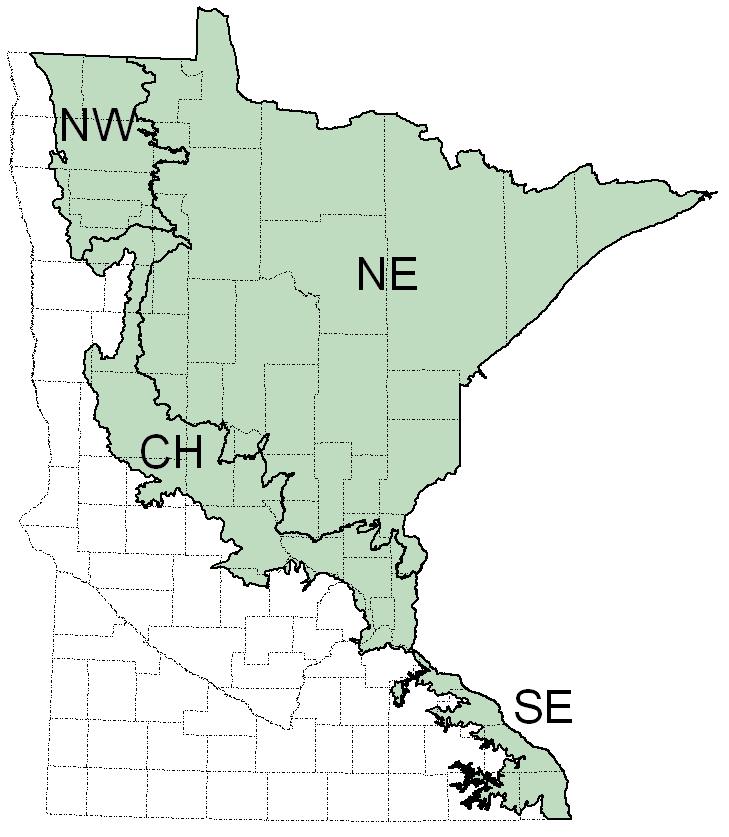 Figure 1. Survey regions for ruffed grouse in Minnesota.
