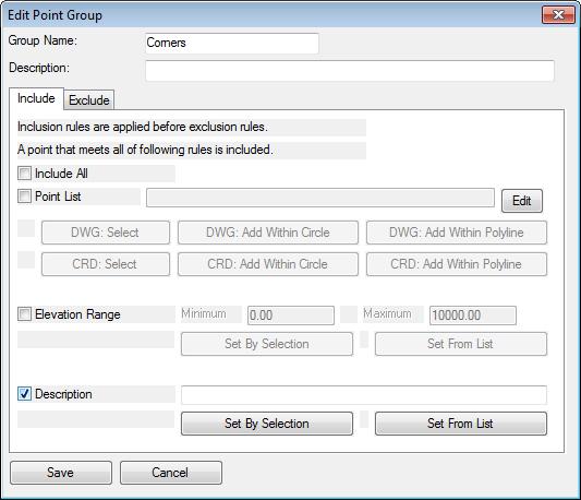 Chapter: Working with Points 4. In the New Point Group dialog box for the Group Name enter Corners. 5. On the Include tab disable Include All. 6. Enable Description. 7.