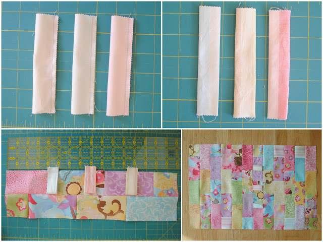 Sew the charms into seven rows of three whole squares and one half as shown. Sew one additional row out of three 2 1/2" x 5" rectangle and one 2 1/2" square.