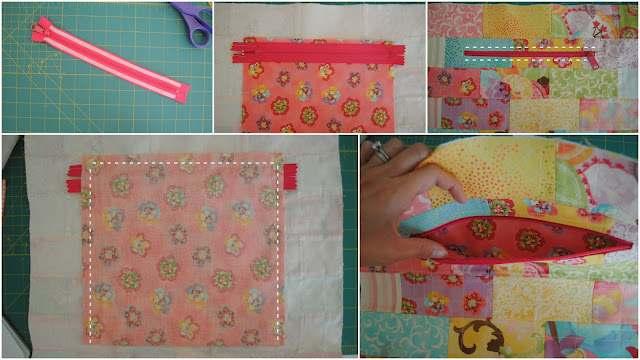 From the small print half yard, cut one 10" x 19" rectangle for the zipper pocket. Line one 10" edge up with the first row of strips on the main organizer, right sides together, pin in place.