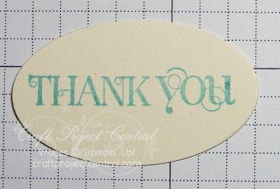 Step 7 Stamp Thank You from the Curly Cute set on a scrap of Very Vanilla card stock using Baja Breeze ink.