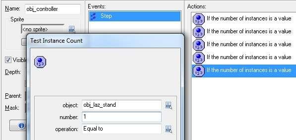 8- Add a final Test Instance Count action for the obj_laz_stand object, this time setting the Number to 1 and leaving the Operation as