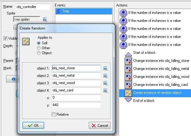 5- Add a Create Random action (main1 tab) and select the four different next box objects as shown in the graphic below. Set X to 0 and Y to 440, and leave Relative disabled.