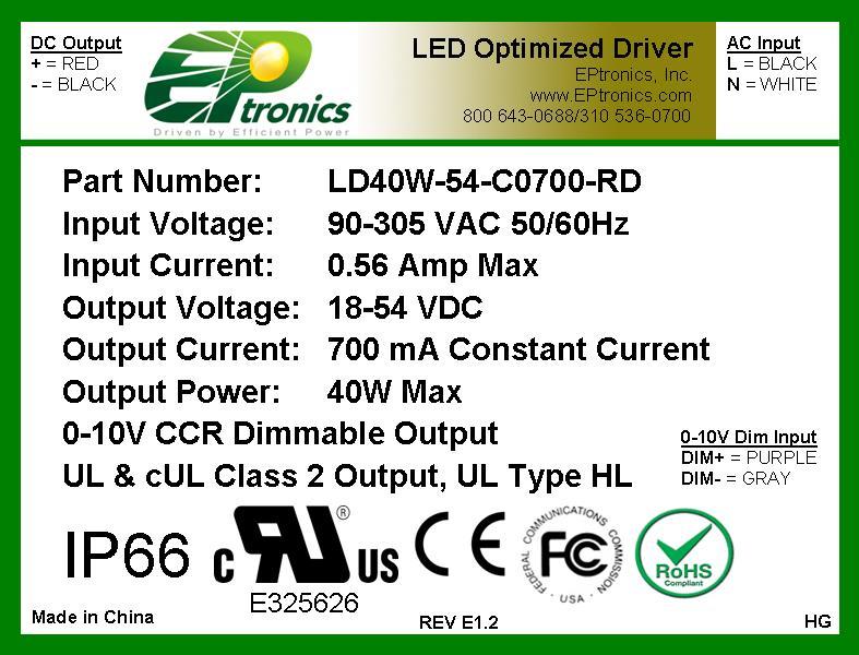 40W LED Optimized Drivers 40 Watt - CONSTANT VOLTAGE OR CONSTANT CURRENT LED DRIVER WITH Constant Voltage Versions Part Number US Class 2 CN Class 2 Output Constant Voltage Output Current Range