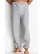 2 1/2" coverstitched two-piece waistband with elastic. 1" coverstitched bottom hem. Gildan Sweatpant 13.