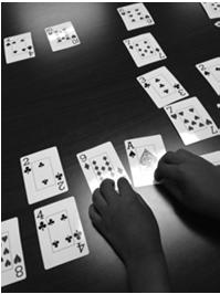 the side Place all other cards face up in rows and columns on the table Taking turns, players take pairs of cards that combine to make 10 off the table while stating the fact; 10s can be taken off