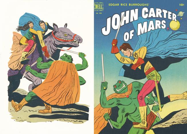 ! The Warlord of Mars was back on the comic book racks in the early Fifties when Dell adapted his opening trilogy of novels with art by Jessie Marsh in their Four Color series, where the long-running