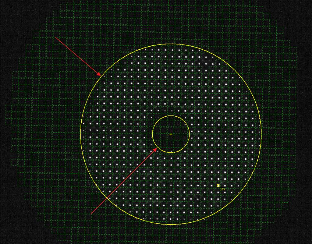 The inner and outer diameter shall be adjusted so that to border bright spots. In the Analysis properties tab, the image can be analyzed, i.e. spot position extracted and wavefront computed.