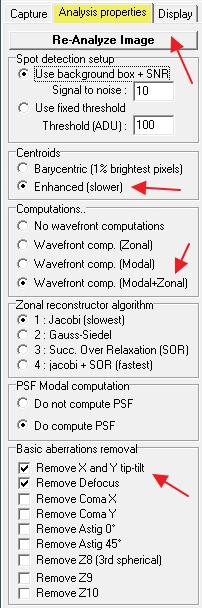 The wavefront reconstruction can take place, and the modal (based on zernikes mode) is presented in the next image.