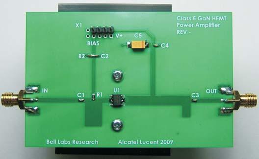 CASS E AMPIFIER Figure 7 Test board of Class E GaN HEMT power amplifier. Figure 6 Simulated results for Class E GaN HEMT power amplifier. line Class-E load work shown in Figure.