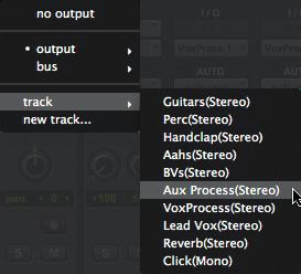 Previously you would have had to use the I/O Setup window to name a bus, then to have chosen this bus as the input to the Aux track and as the output from the track or tracks that you wished to