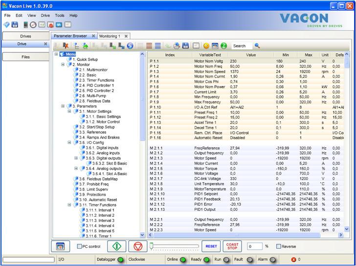 User interfaces on Vacon 100 FLOW vacon 65 2.5 Vacon Live Vacon Live is a PC-tool for commissioning and maintenance of new generation drives (Vacon10, Vacon20, Vacon100).