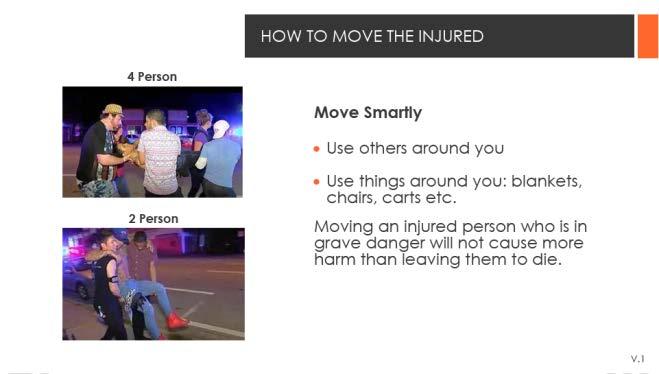 If you decide to go, and you want to take an injured person with you to get them away from continuing danger, you want to move smartly. What does that mean?