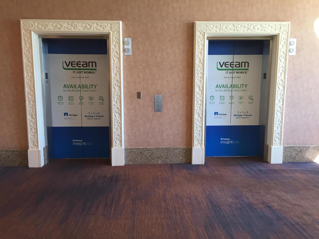 Elevator Wrap Attendees will take notice of your exclusive logo and company branding found on a set of elevator doors at Mandalay Bay South Conference Center that lead attendees to the three NetApp