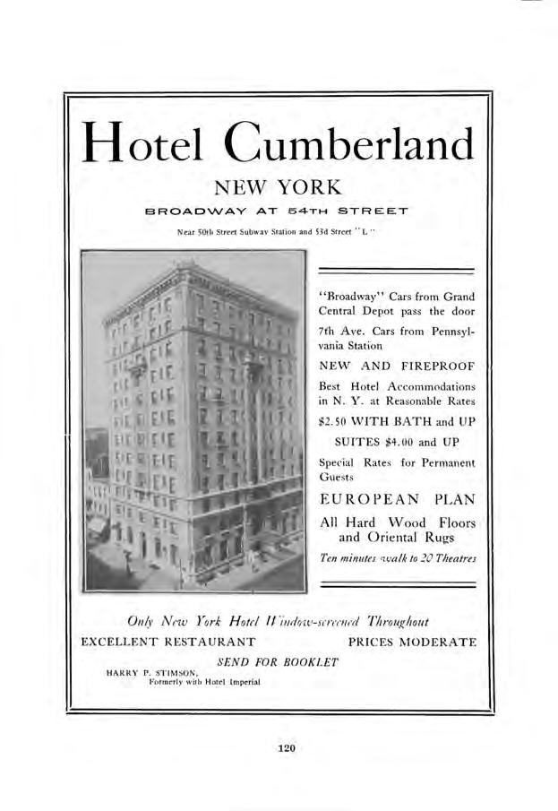 Hotel Cumberland NEW YORK BROADWAY AT 54TH STRI Near 50th Street Subway Station and 53d Street " L " (if.. urn nr 12 3 li "Broadway" Cars from Grand Central Depot pass the door 7fh Ave.