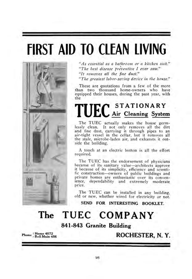 FIRST AID TO CLEAN LIVING "As essential as a bathroom or a kitchen sink." "The best disease preventive I ever saw." "It removes all thefinedust." "The greatest labor-saving device in the house.
