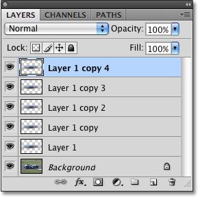 Multiple copies of "Layer 1" appear above the original in the Layers palette.