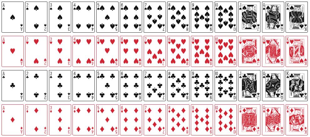 Here is a standard deck of playing cards, 52 cards total, with 4 suits (spades, hearts, clubs and diamonds). Hearts and diamonds are red, spades and clubs are black.