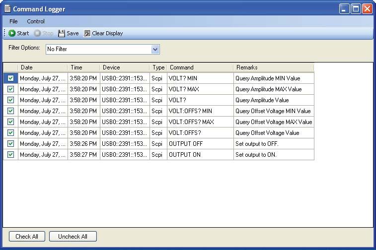 The Command Logger function allows you to capture and review the SCPI commands sequence easily.
