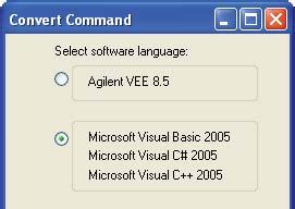 Launch the Code Converter File > Convert Command File to start the code conversion procedure. The Convert Command window will appear. You can select to convert your codes to either the Agilent VEE 8.