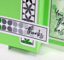 one cutapart vertically onto the right edge of the large green flap; staple ribbon to the thanks