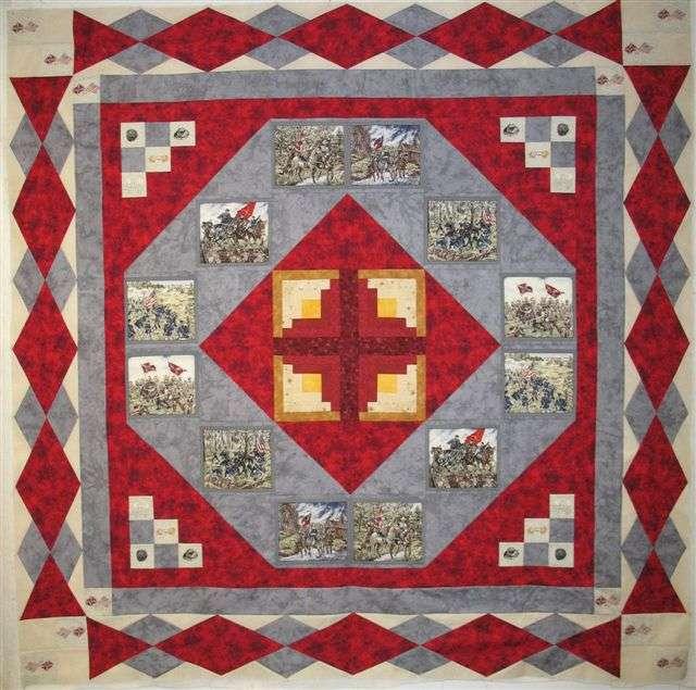 Finished Quilt Size 82 x 82 9-inch Blocks with Half Drop Big and Little Diamonds in Border #3 Color Gray Main Red Beige Log Cabin Red Dark Log Cabin Red Med Log Cabin Red