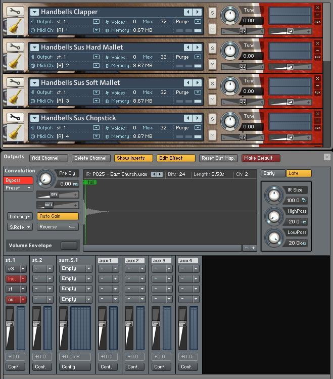 Handbells Multi.nkm Above you see the Handbells Multi (.nkm). In order to see the Outputs section (pictured above) of Kontakt you need to click on the Outputs icon in Kontakts toolbar.