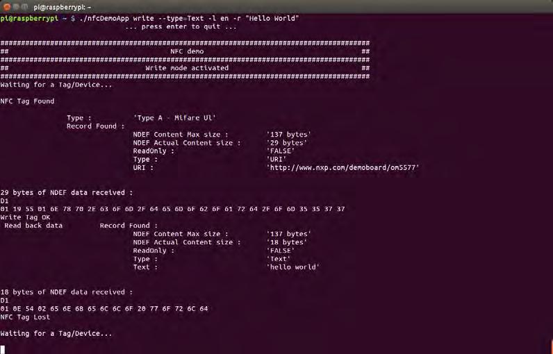 Linux demo application tag writing mode You can get more information about the message format using -h or --help