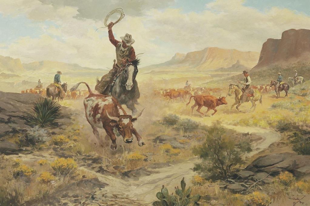 Charlie Dye (1906-1972) Cullin the Herd 1964 Oil on Canvas 34 ¾ x 46 ¾ inches framed As one of the founders of the Cowboy Artists of America in 1965, Charlie Dye was devoted to the legacy of