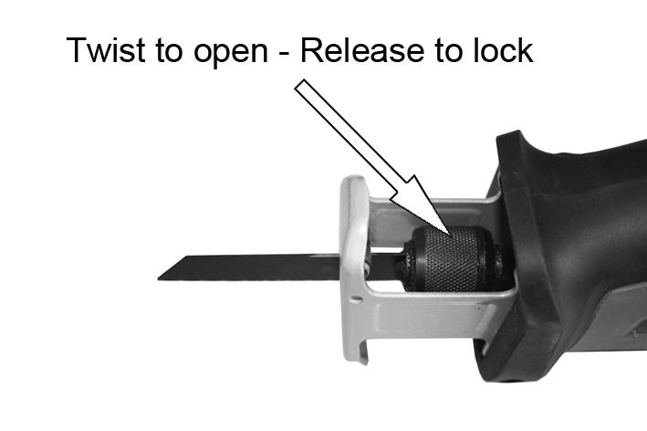 REMOVED FROM THE MAINS SUPPLY. 1. Twist and hold the Blade holder open. 2. Insert the blade as far as possible into the holder with the blade teeth facing downwards.