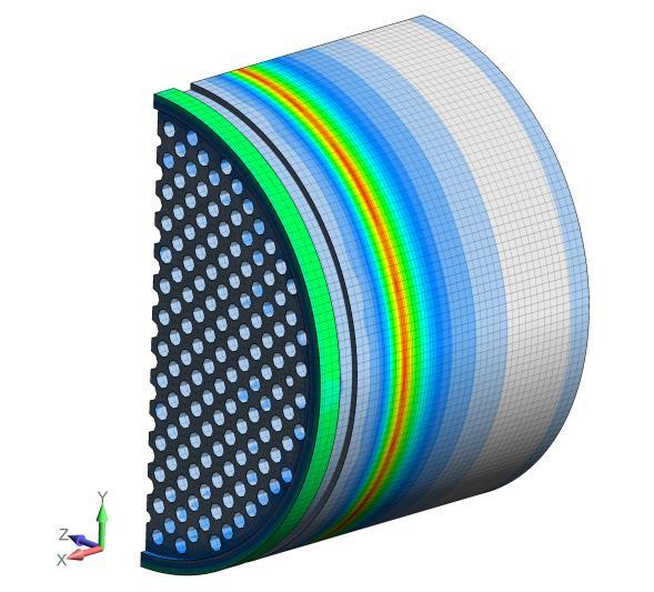 temperatures onto the LS-DYNA model within FEMAP. With temperature and bolt preloads, a nonlinear analysis with contact was done to capture the final stress state in the heat exchanger.
