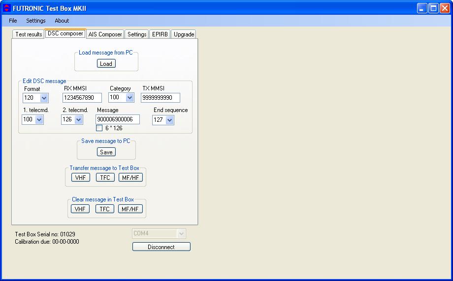 DSC Composer Under the DSC Composer tab you can compose your own custom-made DSC messages and transfer them to the test box accordingly. Please refer to ITU-R M.