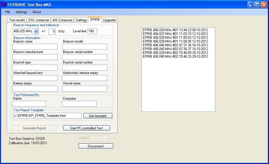 2. PC-controlled EPIRB tests In addition to generating test reports from EPIRB tests stored in the memory, this window also enables you to perform PC-controlled EPIRB tests generating test reports