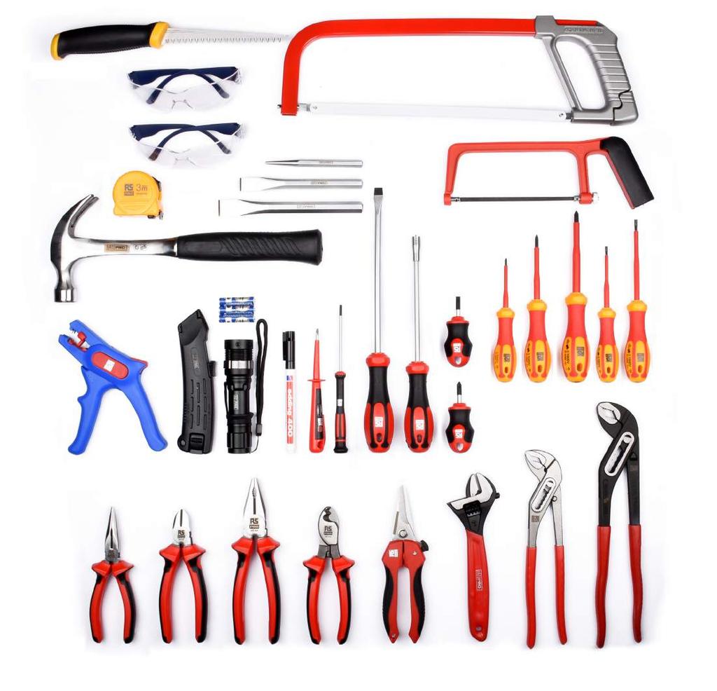 32 Piece Electrician s Tool Kit RS ITEM # 136-3411 06 02 05 07 03 04 16 17 18 08 09 10 11 12 13 14 15 19 20 21 22 23 24 25 26 1 Wallboard Saw - 160 mm 2 Safety Goggles 3 Compact Tape Measure - 3x16