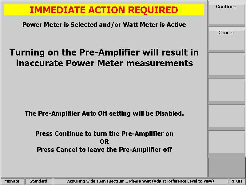 Figure 3.2.9.2-2 Pre-Amplifier alert when broadband measurements are active Reset to Defaults All R8000 system settings are restored to the factory defaults.