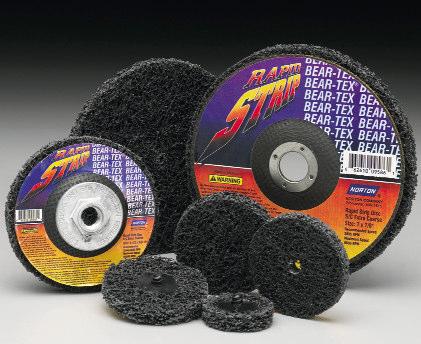 BEAR-TEX SURFACE FINISHING RIGHT ANGLE GRINDER STRAIGHT SHAFT GRINDER BEAR-TEX SURFACE FINISHING PRODUCTS 104 BEAR-TEX RAPID STRIP DISCS AND DEPRESSED CENTER WHEELS An open web of thick, strong
