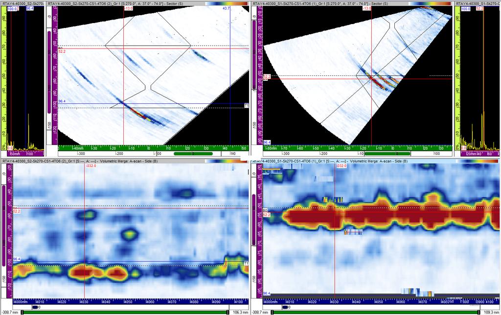 In 2015, the focal law groups chosen were one sectorial and one linear beam set with the scanning gain set to reference db and an index offset of 40mm (See