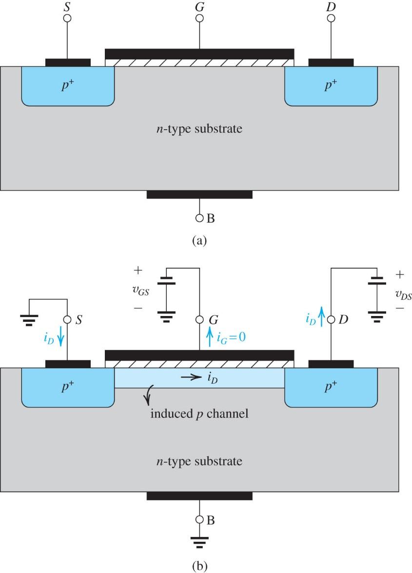 PMOSFET (or simply PMOS) P-channel MOSFET Current conducted by holes 3 terminal device Source (S): p+ (heavily p-type) Drain (D): p+ Gate (G): metal deposited on insulator above channel