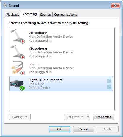 POD Farm 2 Basic User Guide Using Your Line 6 Hardware Windows Vista & Windows 7 Sound Playback Default Device settings Sound Playback Default Device - Select your Line 6 audio device here in the
