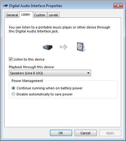 POD Farm 2 Basic User Guide Using Your Line 6 Hardware Windows Vista & Windows 7 Sound Recording Properties - Listen settings On Windows Vista and Windows 7 only, you ll also see this Listen tab once