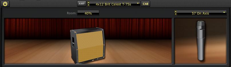 Room % Value Cabinet Model Menu Cab View Button Cab Bypass Button Room % Value (Early Reflections) Cab Edit Panel Mic Model Menu Drag the cabinet toward the back of the room for more ambient room