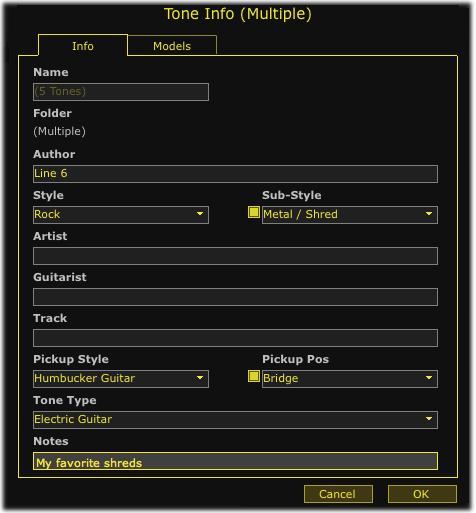 The Tone Info dialog - Info tab in Multiple mode (multiple Tones selected) Models Tab - The Models tab shows you all the amp & effects models used within the selected Tone(s), including info about