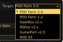 Target Tone Type - Use the Target menu to save the Tone Preset in a particular Tone format, to set the Tone preset s compatibility for POD Farm version 2 or other, earlier Line 6 applications or