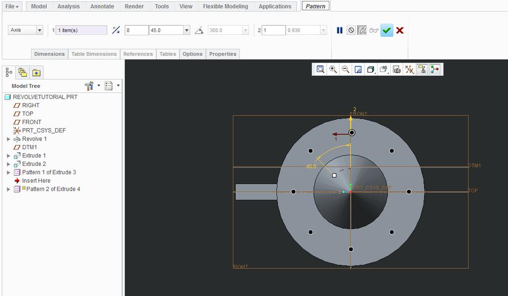 Axis Pattern 26. Click on Extrude 4 on the Model Tree > Model Tab > select Pattern > change the pattern type from Direction to Axis 27. Turn on Datums 28.