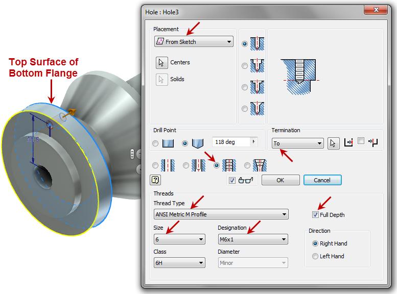 Termination: To Pick the top surface of the bottom flange area for the To termination surface Full Depth Click OK