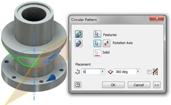 Click OK Start the Circular Pattern tool Select the 1/4 NPT tapped hole feature Select the outside diameter surface of the