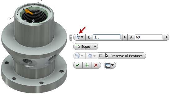 Change Chamfer style to Distance Select top surface of bottom flange Enter Distance: 2 mm Click Apply Select the two bottom