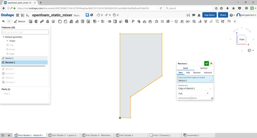 Now using the previous sketch, generate a solid of revolution using the feature revolve.