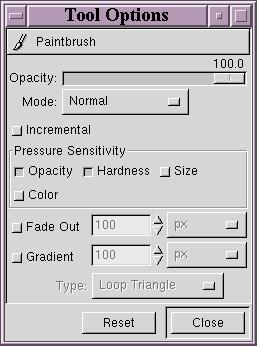 To allow you to make these adjustments, Gimp offers the Tool Options part of the main window, which shows the possibilities for each tool.